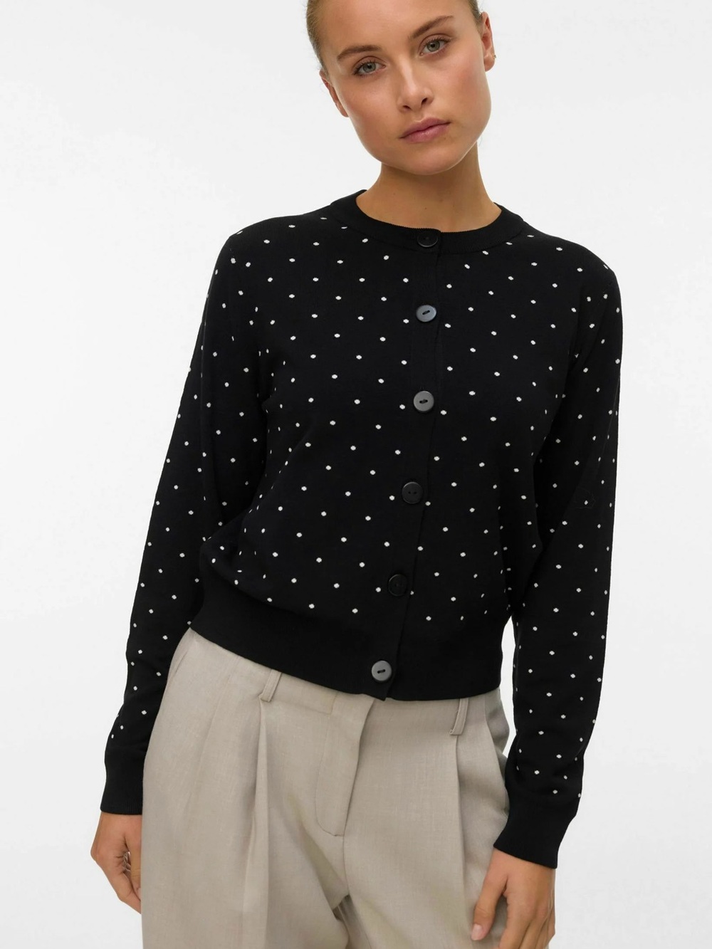 Vero Moda Black Polka Dot Button-Up Crewneck Cardigan